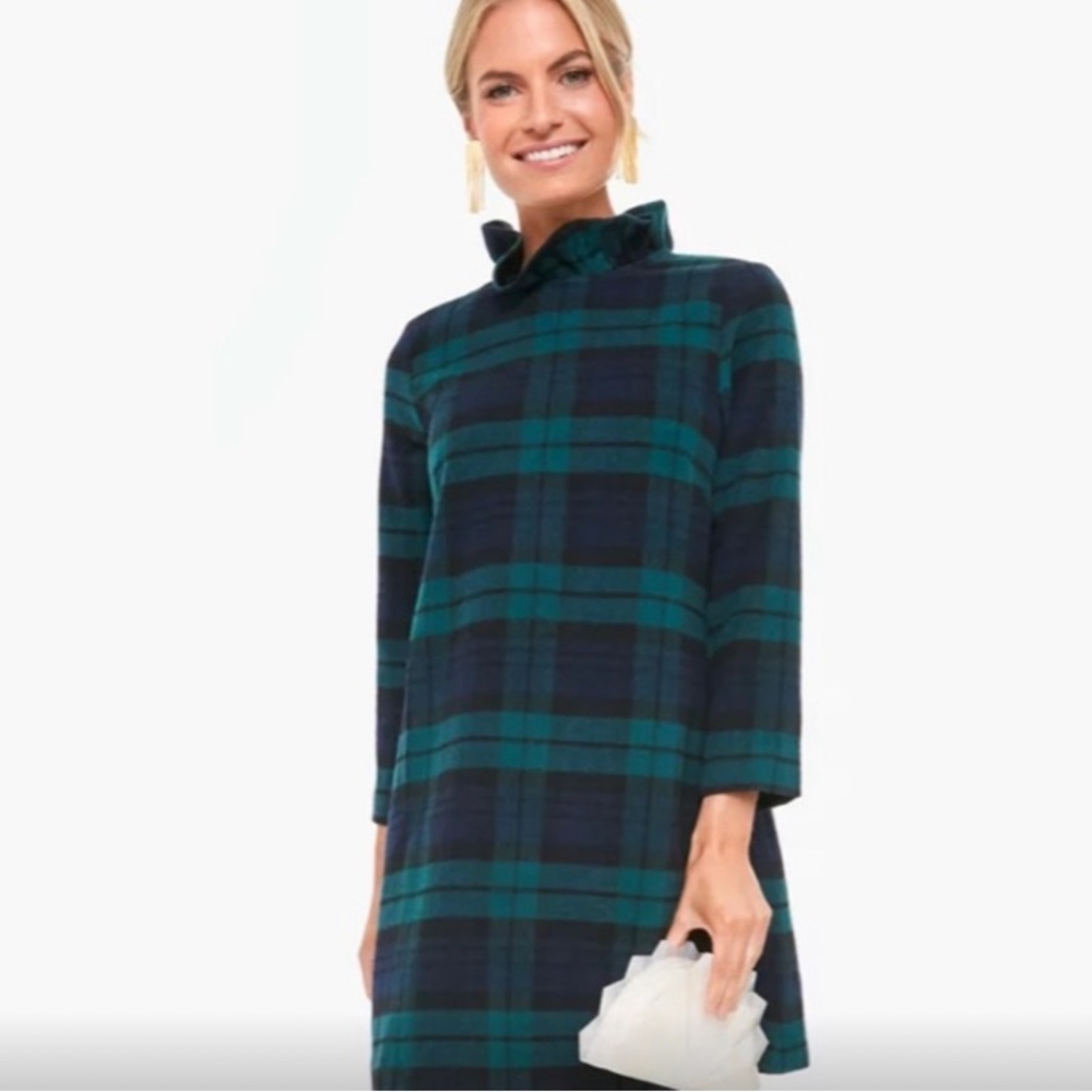 NWT TUCKERNUCK XS Daphne Blackwatch Plaid Ruffle Neck Dress  Pomander Place.